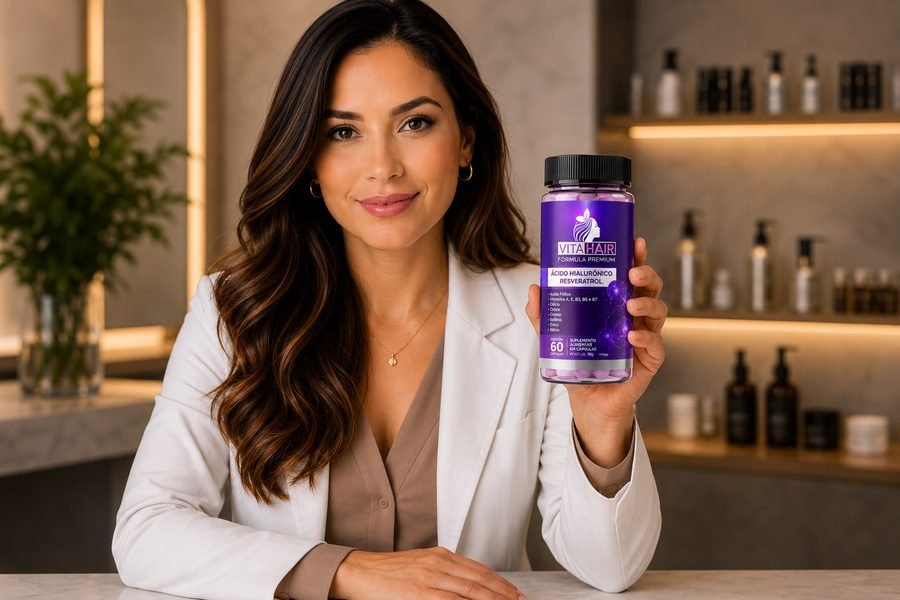 Apresentadora segurando o frasco do Vita Hair